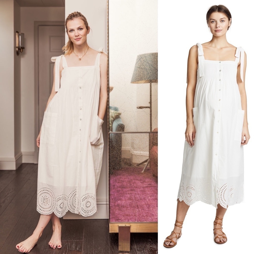 HATCH Sylvie White Eyelet Embroidered Cottage Maternity Midi Adjustable Dress S